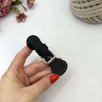 ПРС_2 Пришивной ремень-клапан кожаный с серебряной кнопкой, 8х3 см, цвет чёрный